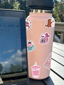 50pcs Fun Coffee Stickers, Pink Cartoon Doodle DIY Notebook Diary Stationery Bottle Stickers, Student Gift - Multicolor - View 6