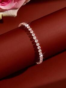 1pc Women's Tennis Bracelet, Single Row Sparkling Rhinestone Thin Chain, Stackable, Summer Daily Wear, Wedding Bridal Accessory - Multicolor - View 6