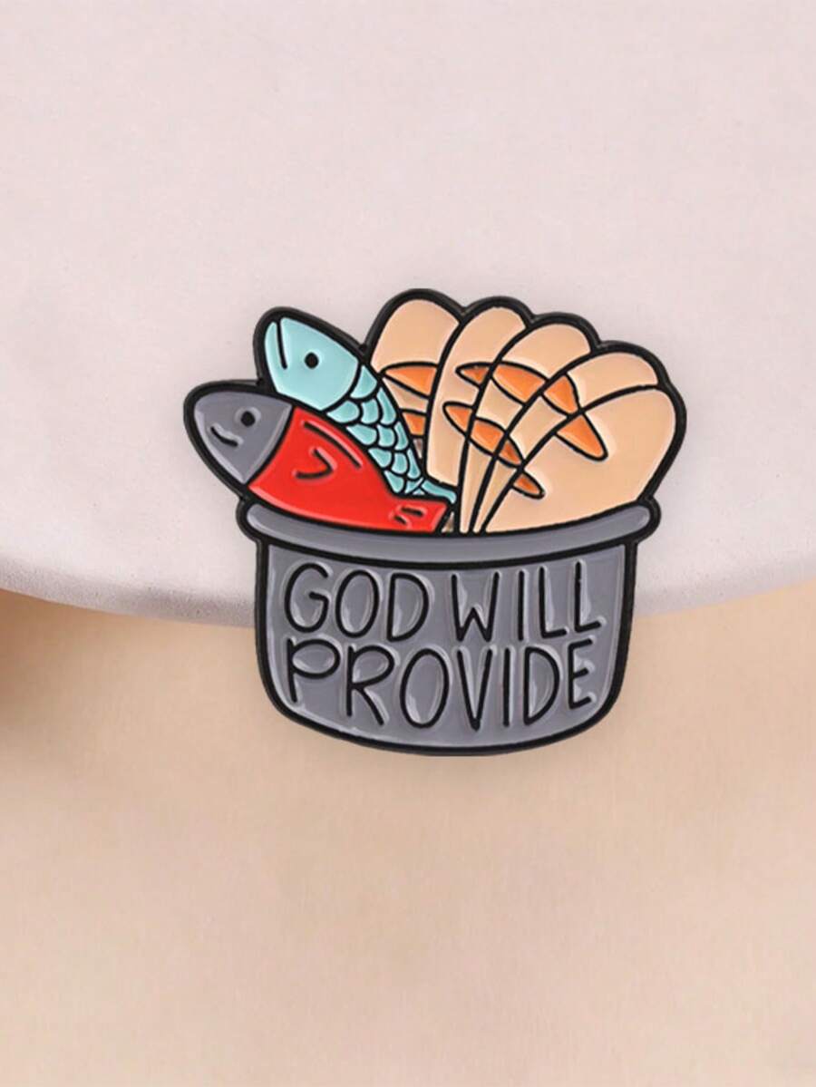 1pc "God Will Provide" Enamel Pin, Cartoon Bread And Fish Bible Story Badge, Fashion Accessory, Religious Gift For Believers