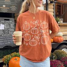 Pumpkin T-Shirt – Autumnal Vibes With Pumpkins And Bows – Cute Retro Graphic T-Shirt – Autumn T-Shirt – Boho Autumn T-Shirt - Sky Blue - View 4