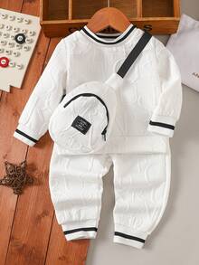 3pcs Set Baby Boy Knit Letter Jacquard Ribbed Crew Neck Long Sleeve Sweatshirt, Pants And Backpack, Autumn Winter Clothing - White - View 3