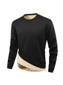 Autumn And Winter Men's Round Neck Sweatshirt, -Lined, Thickened, Warm, Loose-Fitting Sports Top Cold Weather, Hiking, And Casual Daily Wear - Black - View 3