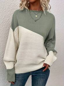 Plus Size Women's Autumn/Winter Essential Colorblock Drop Shoulder Loose Long Sleeve Casual Sweater For Daily Wear - Green - View 4