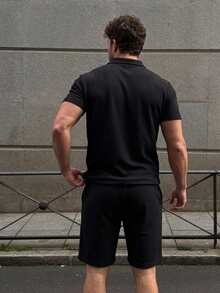 DAZY Men's 2-Piece Set, Classic Zip Lapel Short Sleeve Polo Shirt Made Of Waffle Fabric + Shorts - Black - View 3