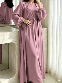 1 Set Soft Muslim 3-Piece Abaya Dress Inner Layer + Cardigan + Belt Classic Versatile Style - Multicolor - View 9