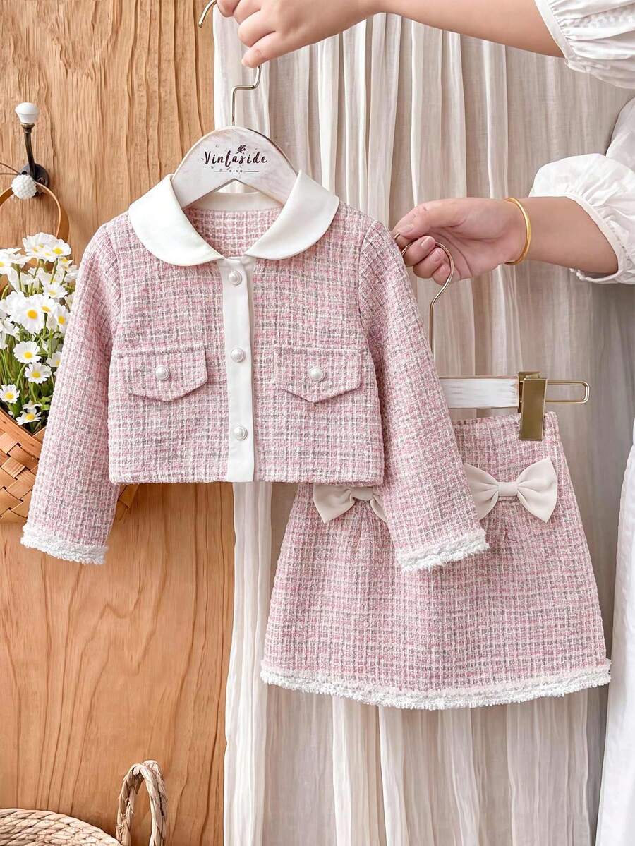 Baby Girl Fashion Jacket With Woven Cuff, Turn-Down Collar And Pearl Buttons, And Fashion Skirt With 3D Bow And Woven Hem - Baby Pink - View 1