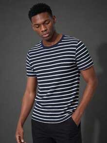 Camvyn Men's Summer Casual Versatile Striped Jacquard Slim Fit Short Sleeve Top - Navy Blue - View 1