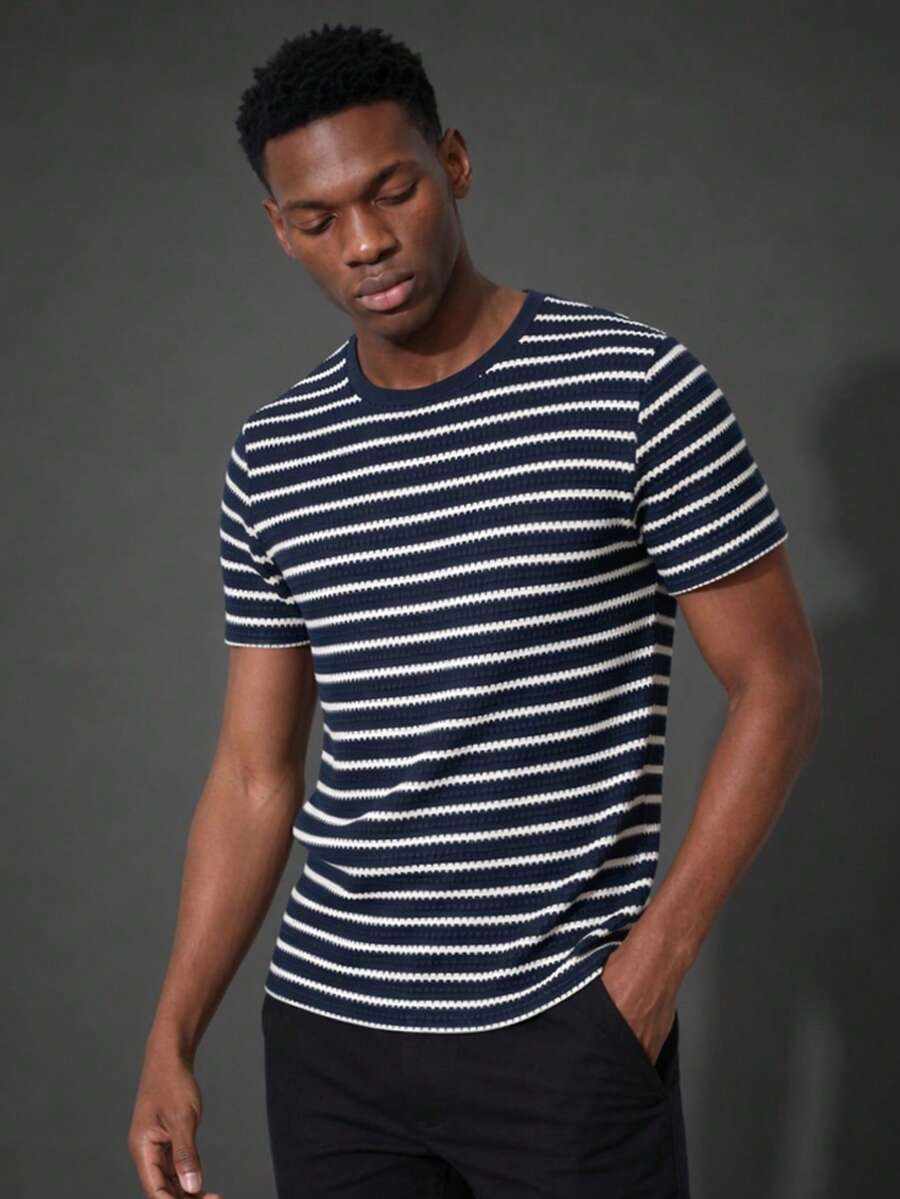 Camvyn Men's Summer Casual Versatile Striped Jacquard Slim Fit Short Sleeve Top - Navy Blue - View 1