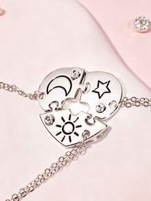 3pcs/Set Children's Jewelry Sun Moon Star Matching Necklace Silver Rhinestone Best Friend Friendship Gift - one-size - View 2