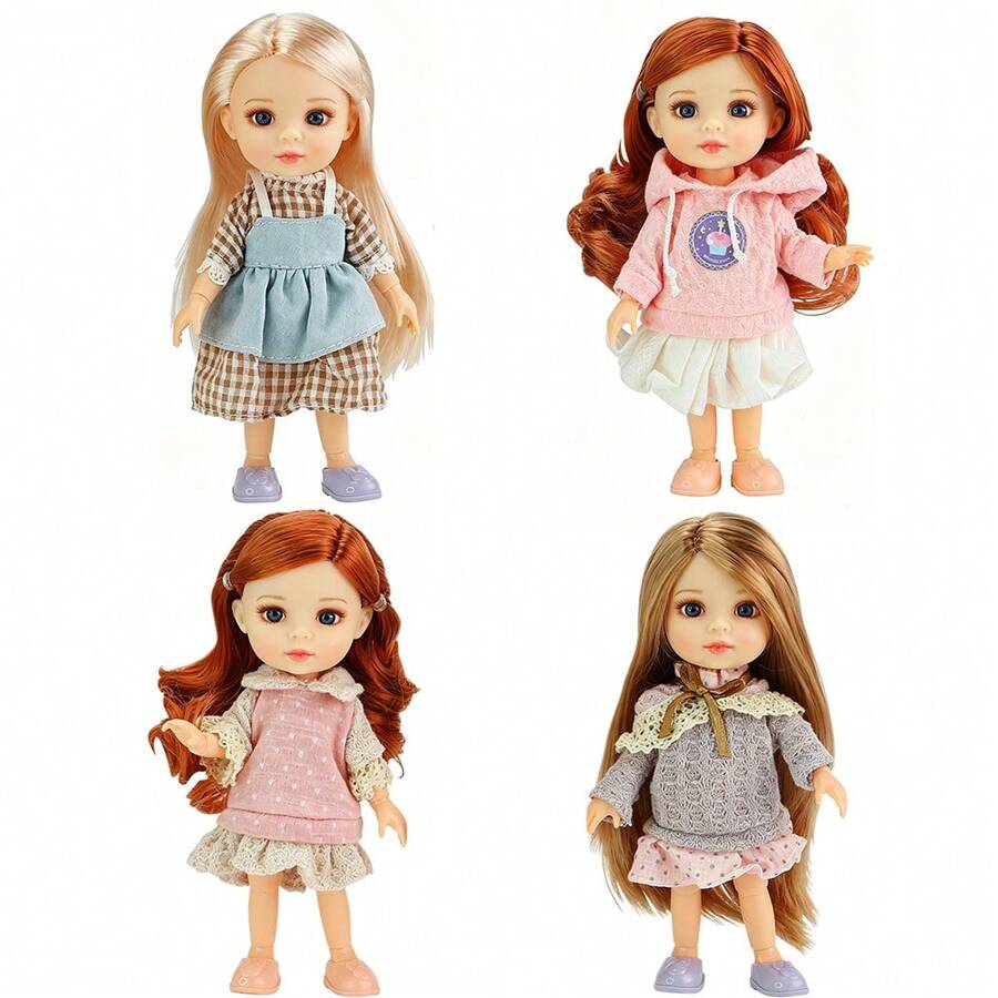 Set Boneka Anak Perempuan 4-in-1, Hadiah Pesta Anak Perempuan, Boneka BJD 6 Inci, Boneka Sendi dengan Berbagai Pakaian, Hadiah untuk Anak-anak, Hadiah Koleksi - 4 boneka - View 1
