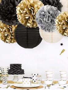11pcs/33pcs Black & Gold Pom Pom Lantern Party Decorations - Black Gold - View 5