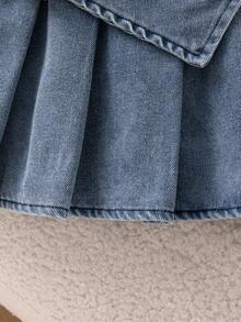 Autumn/Winter Baby Girl Cute Red Turn-Up Collar Cherry Embroidery Long Sleeve Top & Pleated Denim Skirt Set - Apricot - View 5
