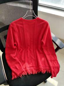 Autumn/Winter Design Tassel Hem Round Neck Knit Top Loose Casual Long Sleeve Sweater - Red - View 2