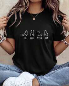 Un Deux Trois Katzen T-Shirt, Unisex T-Shirt, Lustiges Katzenshirt, Geschenk für Katzenbesitzer, Katzenliebhaber T-Shirt, 100% Baumwolle - Schwarz - Übersicht 1
