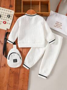 3pcs Set Baby Boy Knit Letter Jacquard Ribbed Crew Neck Long Sleeve Sweatshirt, Pants And Backpack, Autumn Winter Clothing - White - View 4