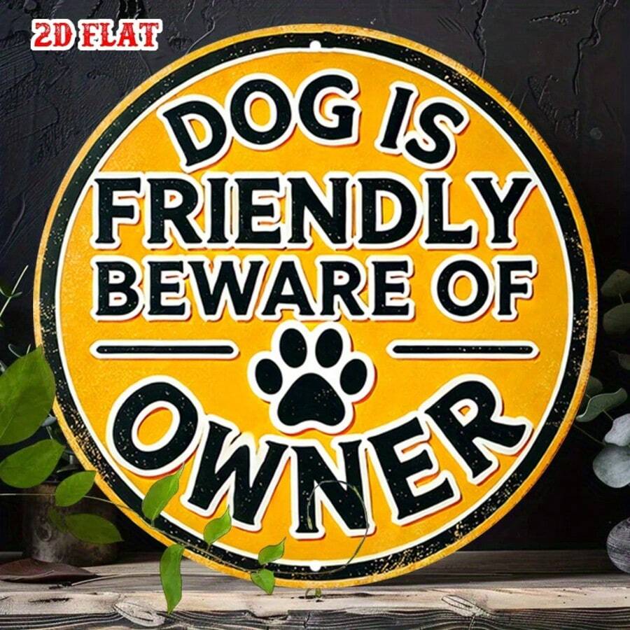 2D Flat Single Piece Funny Joke 8X8 Inch Sign, Pet Lover Round Sign, Owner Warning Metal Sign, Friendly Dog Country, Suitable For Home, Garage, Restaurant, Cafe, Pre-Drilled Holes, Style As Shown In Size Chart - Multicolor - View 1