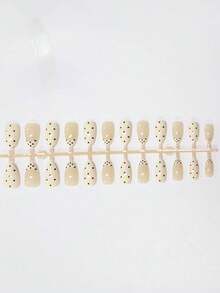 24 Peças Conjunto de Unhas Postiças Ovais Curtas com Bolinhas Pretas Minimalistas, Inclui 1 Peça Adesivo e 1 Peça Lixa de Unha, Unhas Press On - Multicolorido - Visão 7