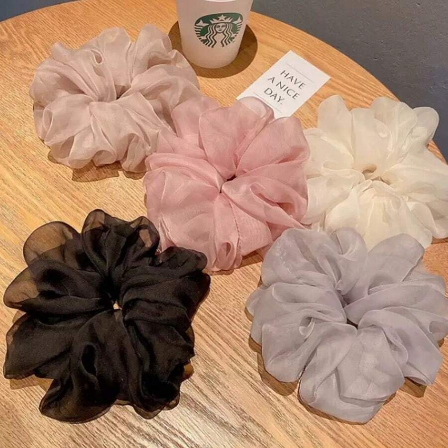 5pcs Lightweight Oversized Organza Scrunchies, Flower Bud Mesh Hair Ties, Premium Style - Multicolor - View 1