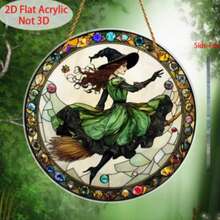 2D Flat Vintage Style Witch Broom Decorative Hanging Ornament - Round Faux Stained Glass Effect Hanging Decor, No Power Required, Suitable For Windowsill, Office, Bar, Farmhouse - Perfect Halloween Gift, - A - View 5