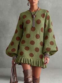 Vintage Matcha Green Large Polka Dot Knit Long Loose Fit Women's Sweater With Puff Lantern Sleeves And Ruffle Hem Vacation Fall - Green - View 5