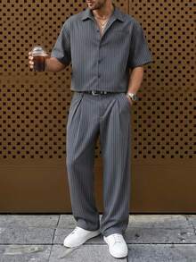 DAZY Men's Short Sleeve Front Button Casual Summer Shirt Set - Grey - View 2