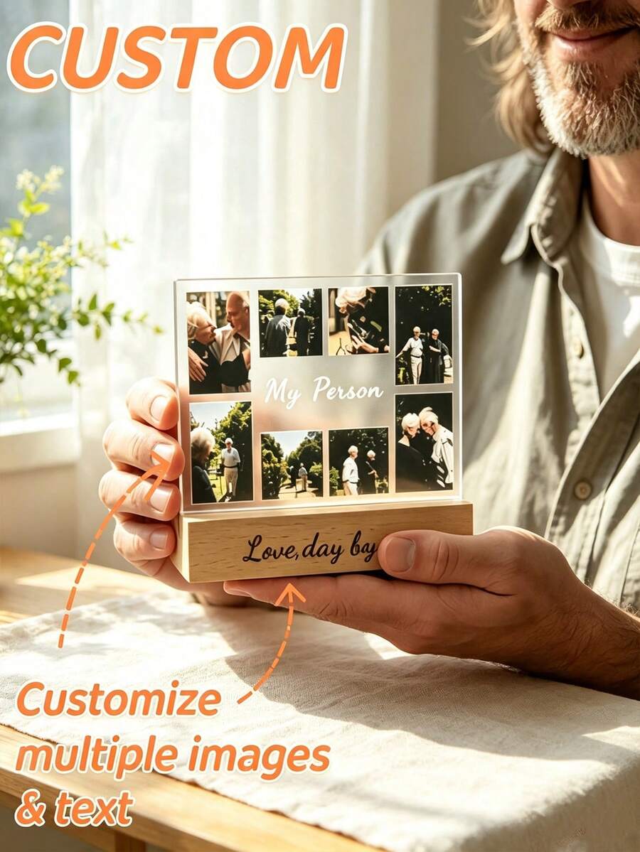 Custom Acrylic Photo Display, Capture Beautiful Moments, Supports 8 Photo Customization, Wooden Base, Customizable Text, Combines Commemoration And Decoration, Perfect For Family Photo Collection, Couple Anniversary, Pet Memory Preservation, Graduation Commemoration, Freely Place On Study Desk, Bedroom Nightstand, Living Room, Office Desk, Dressing Table - Multicolor - View 1