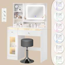 Devoko tocador con espejo LED, iluminación RGB y modo música, tocador con superficie de cristal, cajones, estante abierto, regleta de enchufes, USB/Tipo C y función de temporizador, blanco - Ver 7