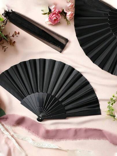 1/2/6 buah Kipas Lipat Genggam untuk Pesta Pernikahan, Kipas Tangan Plastik Hitam dengan Tas Organza, Cocok untuk Tamu Pernikahan Musim Panas dan Perlengkapan Tari
