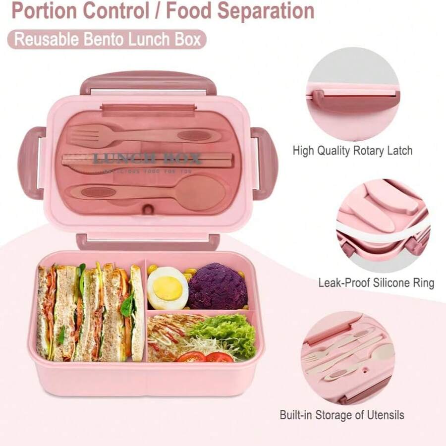 1pc 1200ml Bento Box With Utensils And Leak-Proof Lid, 3-Compartment Design, Also Suitable As Kitchenware, Ideal Christmas Gift - Multicolor - View 1