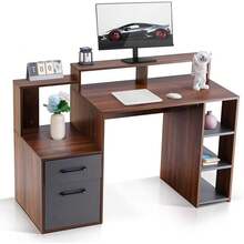 Office Computer Desk With Drawers, Writing Study Desk With Shelves - Brown - View 1