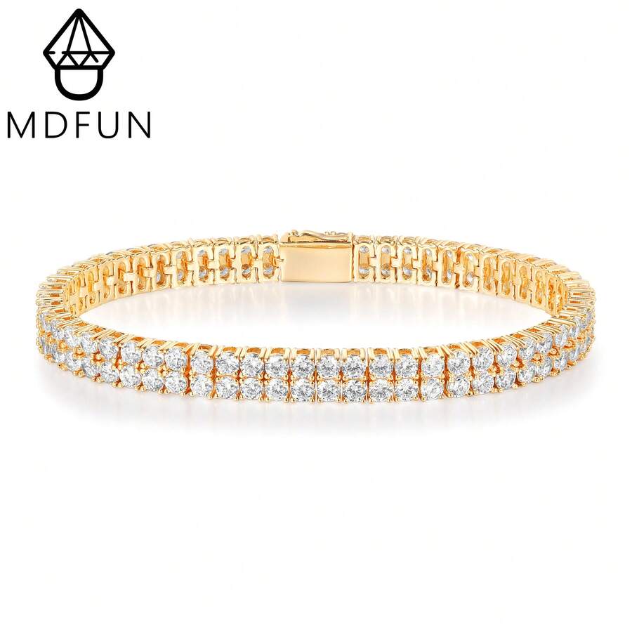 MDFUN 18K鍍金雙排3MM立方鋯石網球手鍊,附彈簧扣,女款 - 金色-彈簧扣 - 查看 1