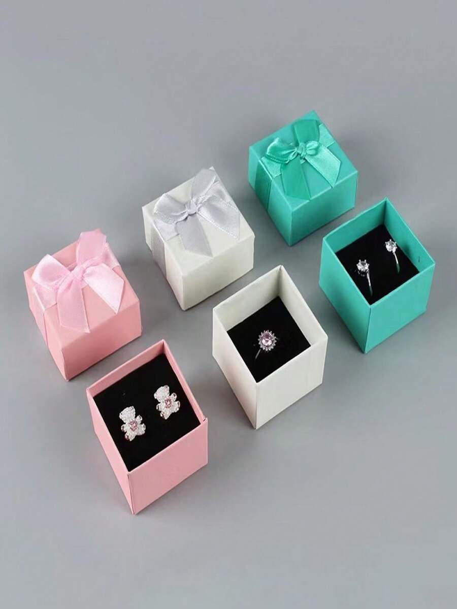 Square Ribbon Bow Jewelry Gift Box, Multi-Color Cardboard Small Storage Box With Black Lining, Suitable For Rings, Earrings, Necklaces, Wedding, Proposal, Birthday Gift Packaging - Multicolor - View 1