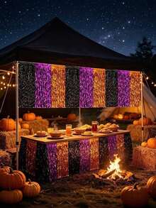1pc Halloween Rainbow Tassel Table Skirt, Halloween Party Decoration, Orange Purple Black Wavy Metallic Foil Trim Table Skirt, Perfect For Rectangular Or Round Dining Table Decoration, Halloween Birthday Home Indoor Outdoor Party Supplies, Party Supplies Halloween Decoration - View 8