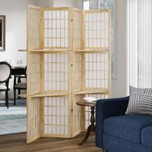 5.6FT Room Divider And Folding Portable Partition Screen, 4 Panel Asian Shoji Style Freestanding Privacy Screen With 3 Display Storage Shelves For Room Separation, Natural Wood - Natural - View 8