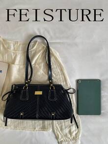 FEISTURE 1件復古編織圖案單肩腋下包，大容量女款通勤包，適合日常出遊、約會、通勤 - 黑色 - 查看 4