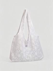 女款花卉蕾絲布料托特包，附標籤細節，大容量單肩包，休閒日常風格 - 白色 - 查看 4