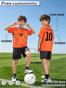 [Customized]Personalized Number Name Custom Celebrity Style 2pcs Boys Girls Casual Soccer Outfit Set Round Neck-Short Sleeve And Shorts Set- Polyester, Back To School Suitable For -Sports -Training And Casual - Coral Orange - View 5