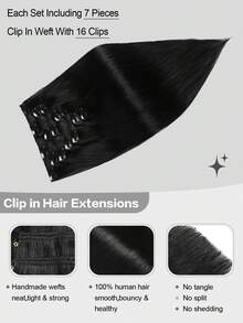 SUYYA 18 inci 7 pcs per set dengan 16 klip, ekstensi rambut jepit tenun ganda, rambut manusia asli lurus, #1 hitam pekat, ekstensi rambut jepit 100% rambut manusia Remy - S1 - View 4