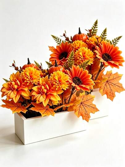 Halloween Autumn Artificial Flower Bouquet With Mini Pumpkins, Maple Leaves, Orange Daisies And Autumn Chrysanthemums, Vintage Farmhouse Style Tabletop Harvest Thanksgiving Decor