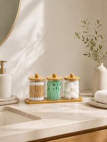 Set Penyimpanan Kamar Mandi Transparan 1/2/3/4 buah (Dengan Tutup dan Baki Bambu) – Wadah Penyimpanan Cotton Bud, Tusuk Benang Gigi, dan Bola Kapas – Cocok untuk Meja dan Wastafel Kamar Mandi - beraneka warna - View 5