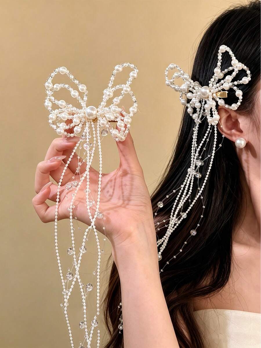 2pcs/1pc Pearl Rhinestone Bow Long Tassel Crocodile Clip Hair Clip, Fairy-Like Draping Tassel Side Hair Pin, Elegant Hair Accessory For Women Wedding Hanfu - White - View 1