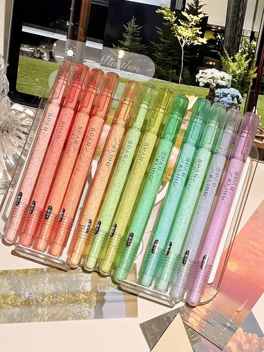 1 Box 4pcs Fine Glitter Pearlescent Fluorescent Highlighter Pen Set, 3-Color Quick-Dry No-Bleed, Student Textbook Key Point Marking, Planner, Hand Drawing, Glitter Marker Pens - Multicolor - View 1
