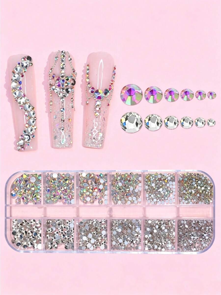 12-Grid Boxed Multi-Color Flat-Back Rhinestones Nail Art Decorations - Multicolor - View 1