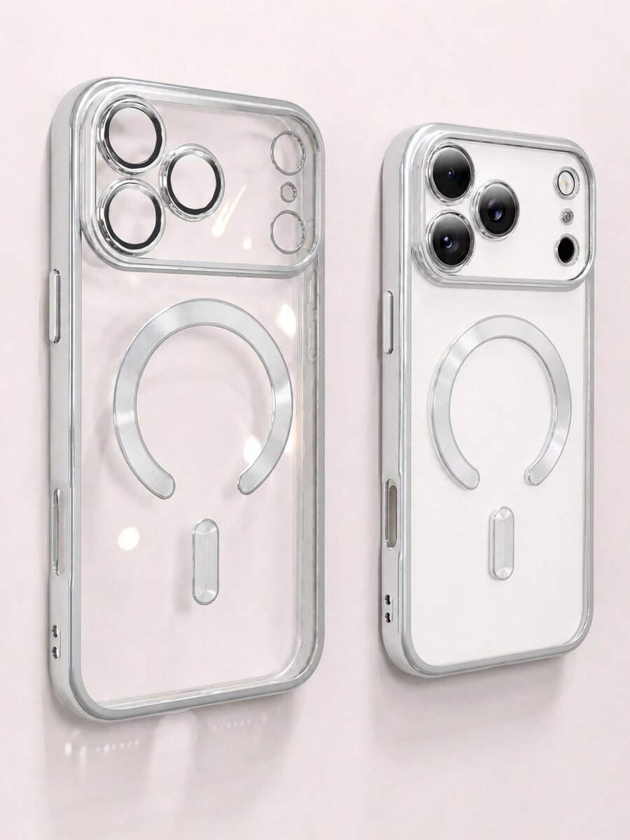VRNOEI 1pc High Quality Silver Transparent Magnetic Phone Case, Compatible With IPhone 17ProMax 17Pro 11 12 13 14 15 16 17 Pro Max, Supports Magnetic Wireless Charging, Shockproof Protective Shell - Silver - View 1