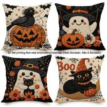 4Pcs 45x45cm Halloween Throw Pillowcase Set, Cartoon Black Cats Spooky Ghost Crow Pumpkin Printed Cushion Cover, 2D Flat Printing, Non-Real 3D Embroidery, Halloween Party Decor, For Sofa Living Room Haunted House Bar Holiday Decor, No Pillow Core - Multicolor - View 12