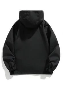 Jaket Wanita Hitam Polos dengan Tudung dan Tali Serut, Resleting Penuh di Bagian Bawah, Tali Serut yang Dapat Diatur di Samping, Saku Tersembunyi, Manset Elastis, Atasan Kasual Longgar - Hitam - View 4