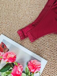 RAHQ 1pc Fashionable Bodysuit, Long Sleeve Square Neck, Delicate Sheer Mesh Decor, Slim Fit - Red - View 10