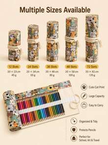1 buah Kotak Pensil Gulung Kanvas Multi-Slot, Motif Kucing Kartun Lucu, Tas Penyimpanan Pensil Kapasitas Besar, Organizer Portabel untuk Sketsa, Menggambar, dan Mewarnai, Hadiah Mini untuk Kembali ke Sekolah dan Liburan Seni - Beraneka warna - View 2