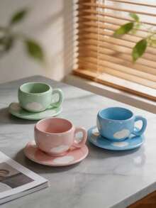 Mini Cloud Embossed Ceramic Cup & Saucer Set, Cute Wavy Asymmetrical Shape, Macaron Pastel Color Mini Espresso Cup, Creative Handmade Ceramic Tea Cup, Japanese Style Cute Tableware, Home Decor Gift - Multicolor - View 8