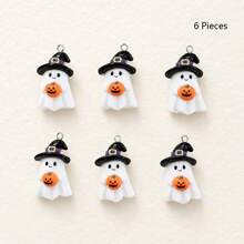 6pcs Resin Halloween White Ghost Pendants With Black Hat And Pumpkin, Suitable For DIY Jewelry Making, Perfect For Party Accessories, Earrings, Necklaces, Bag Charms - Black Hat Holding a Pumpkin Ghost Pendant - View 10